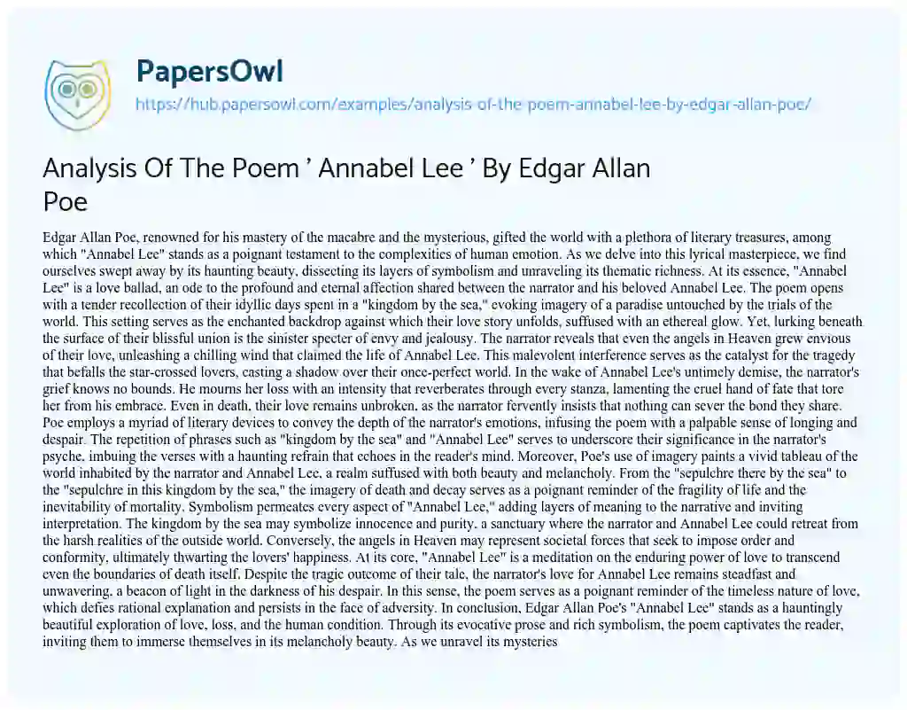 Essay on Analysis Of The Poem ‘ Annabel Lee ‘ By Edgar Allan Poe
