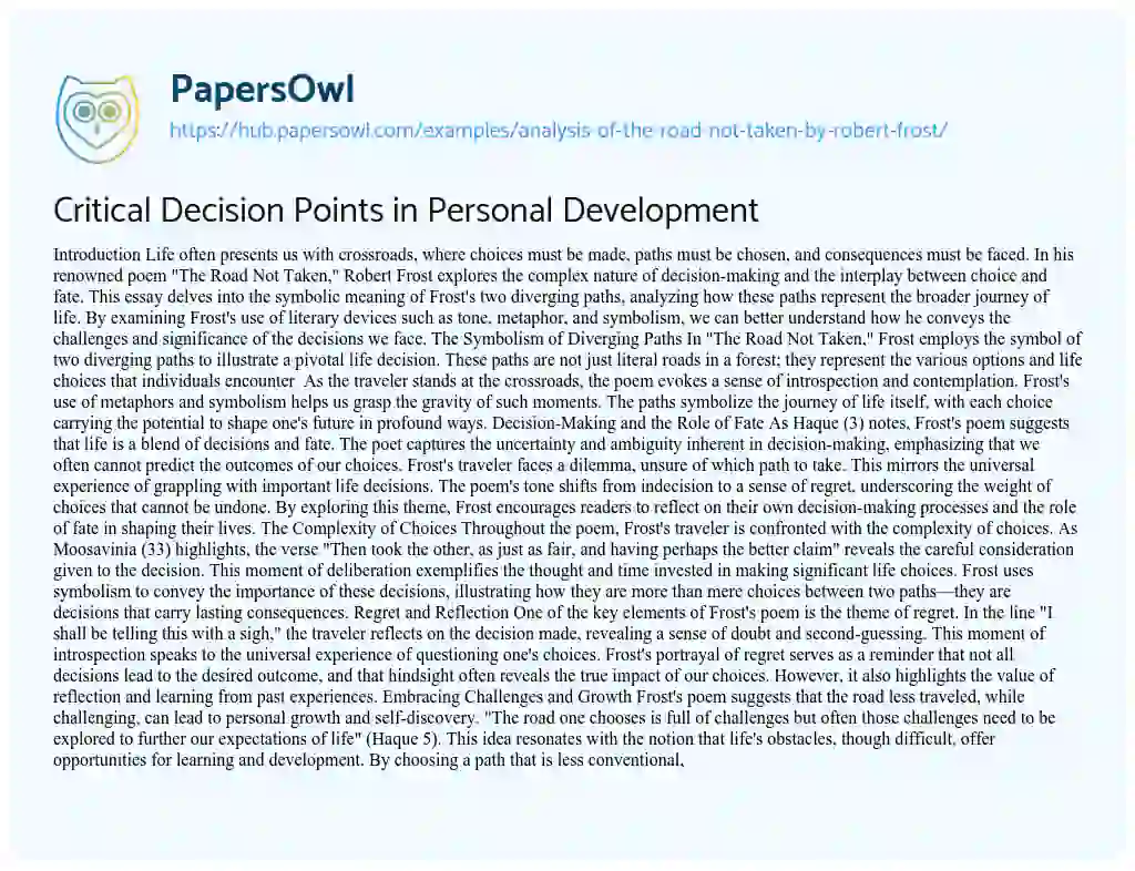 Essay on Critical Decision Points in Personal Development