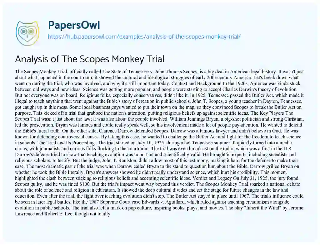 Essay on Analysis of The Scopes Monkey Trial