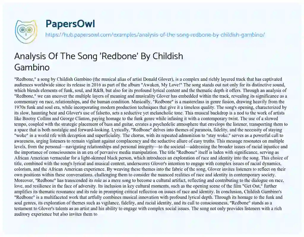 Essay on Analysis Of The Song ‘Redbone’ By Childish Gambino
