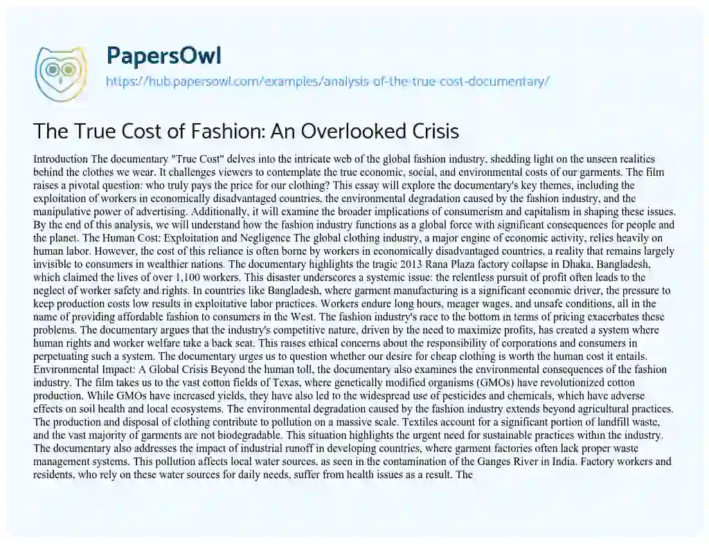 Essay on The True Cost of Fashion: An Overlooked Crisis