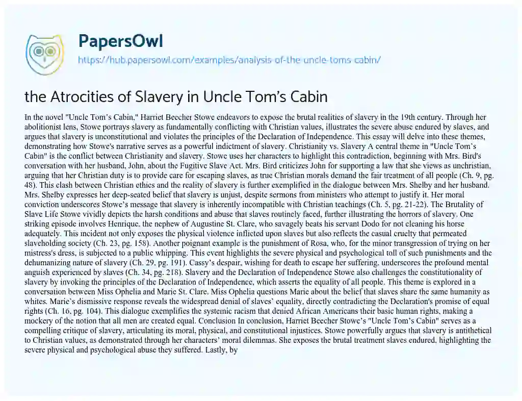 Essay on the Atrocities of Slavery in Uncle Tom’s Cabin