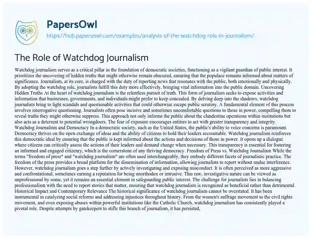 Essay on The Role of Watchdog Journalism