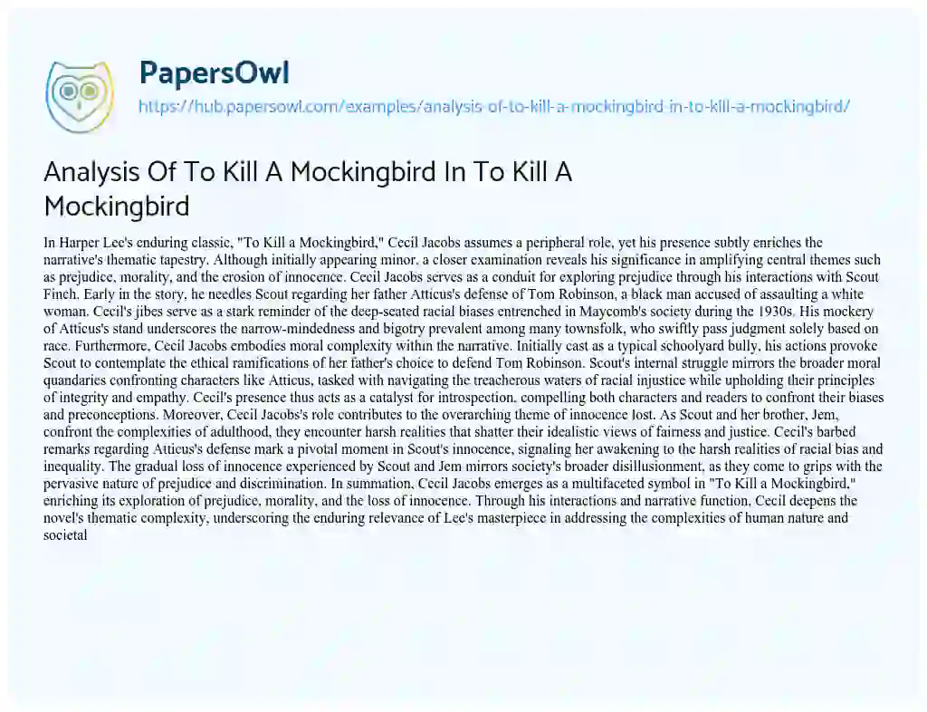 Essay on Analysis Of To Kill A Mockingbird In To Kill A Mockingbird