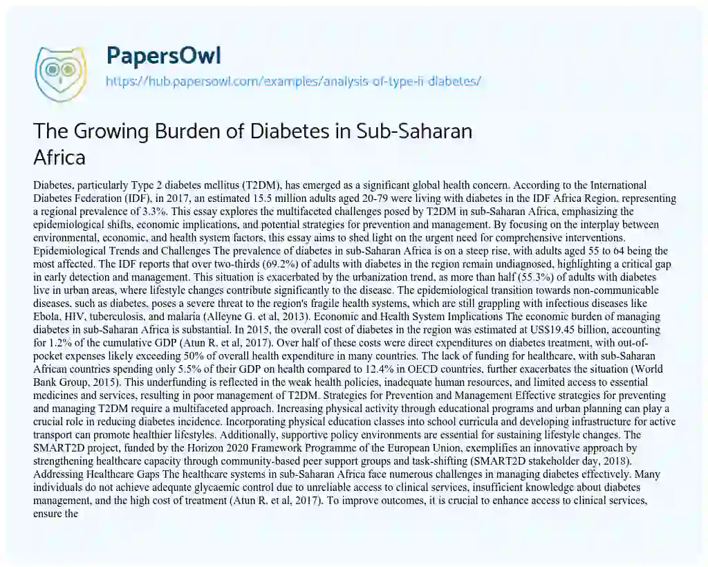 Essay on The Growing Burden of Diabetes in Sub-Saharan Africa