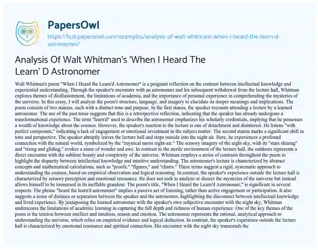 Essay on Analysis Of Walt Whitman’s ‘When I Heard The Learn’ D Astronomer