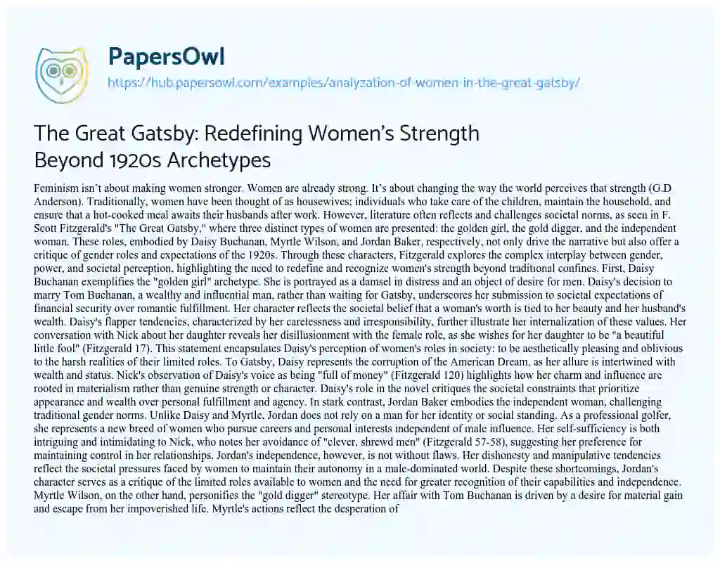 Essay on The Great Gatsby: Redefining Women’s Strength Beyond 1920s Archetypes