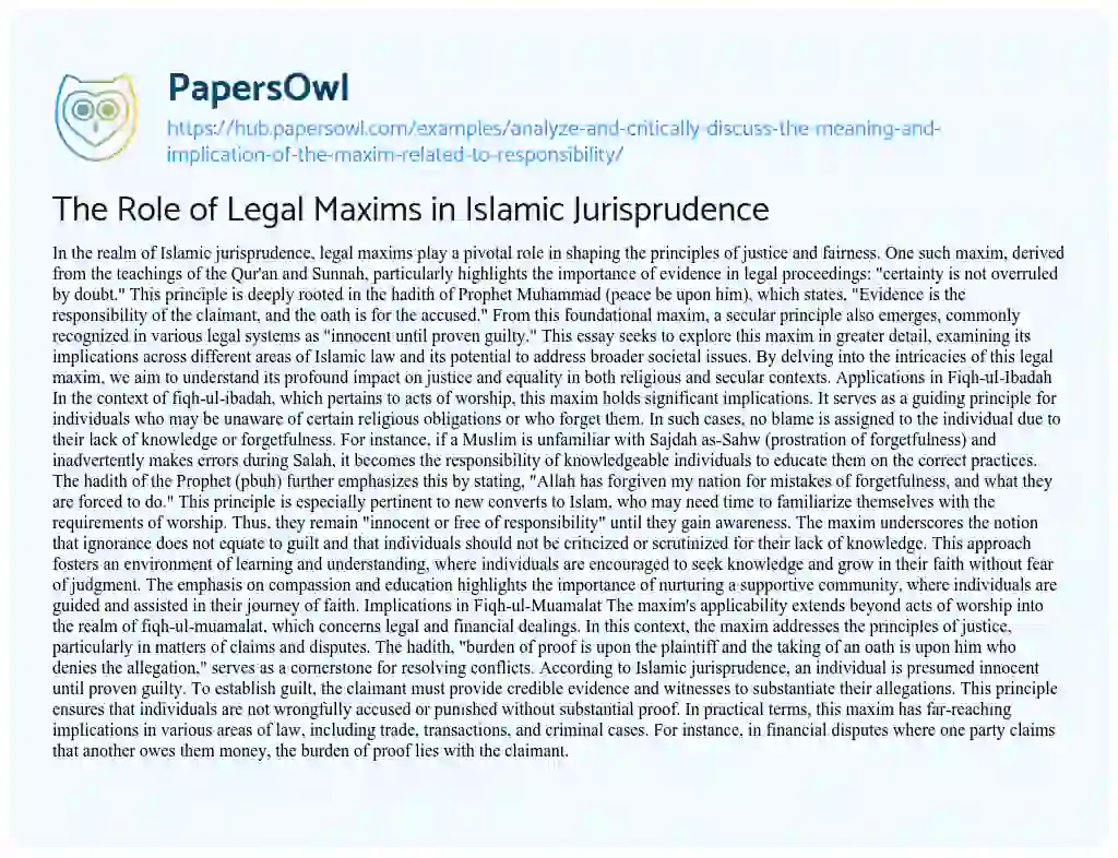 Essay on The Role of Legal Maxims in Islamic Jurisprudence