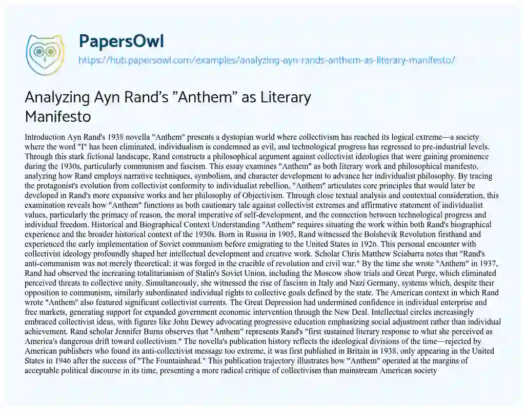 Essay on Analyzing Ayn Rand’s “Anthem” as Literary Manifesto