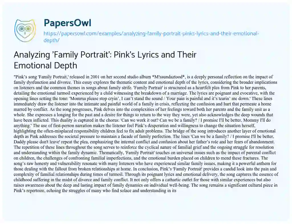 Essay on Analyzing ‘Family Portrait’: Pink’s Lyrics and Their Emotional Depth