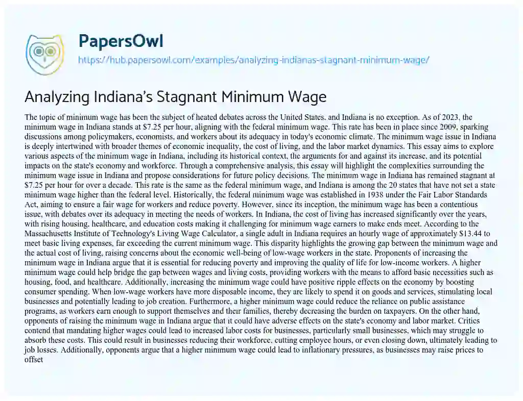 Essay on Analyzing Indiana’s Stagnant Minimum Wage