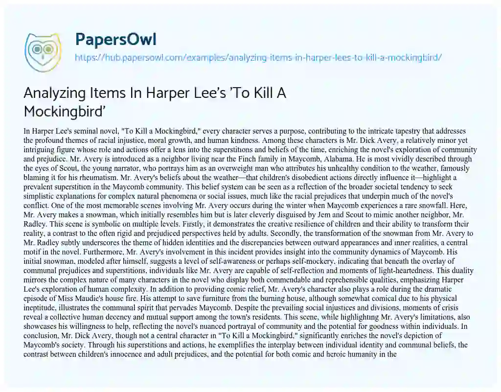 Essay on Analyzing Items In Harper Lee’s ‘To Kill A Mockingbird’