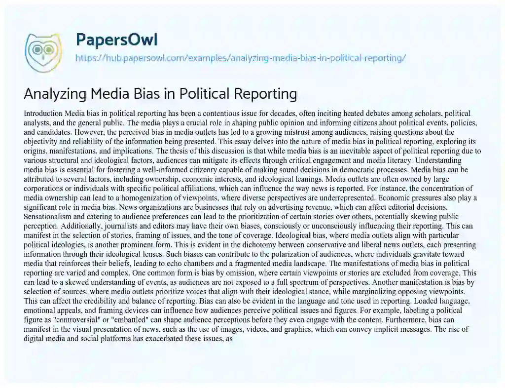 Essay on Analyzing Media Bias in Political Reporting