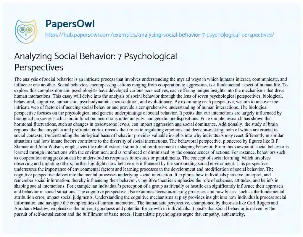 Essay on Analyzing Social Behavior: 7 Psychological Perspectives