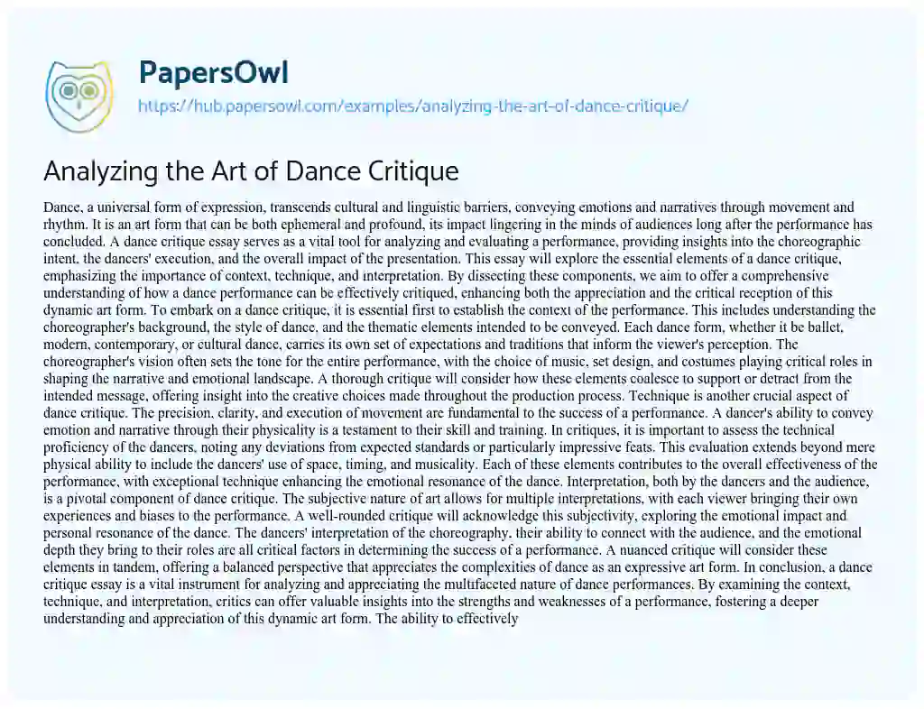 Essay on Analyzing the Art of Dance Critique