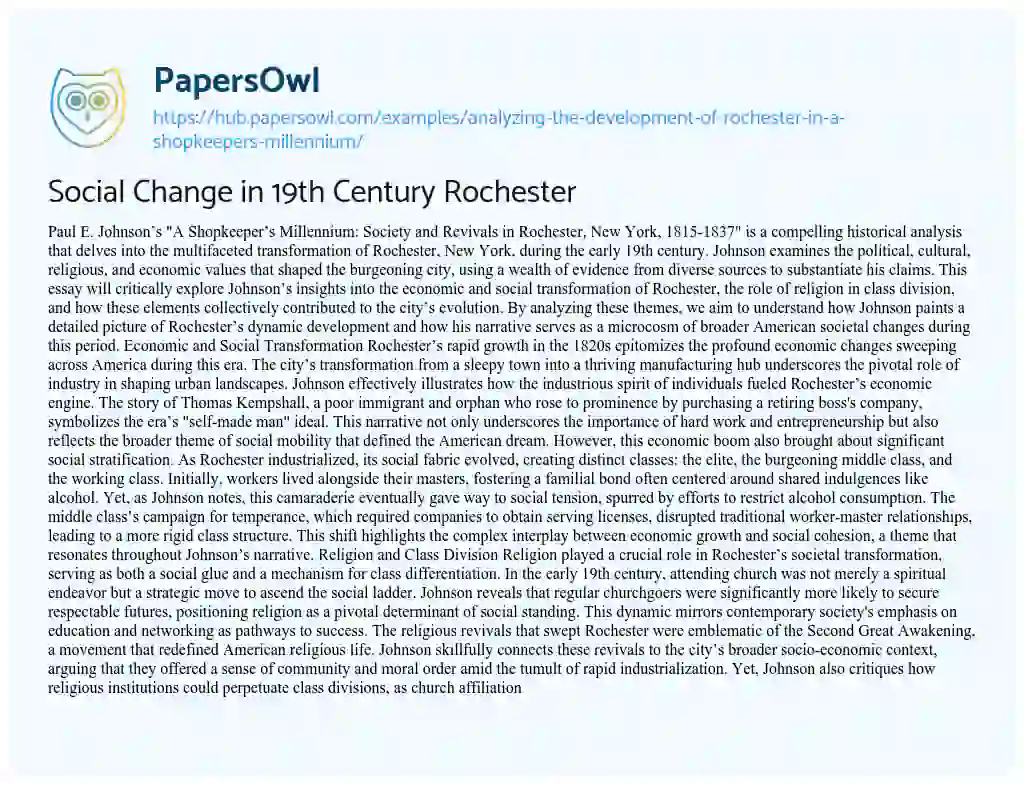 Essay on Social Change in 19th Century Rochester