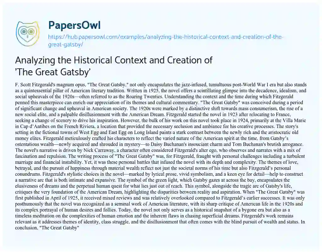 Essay on Analyzing the Historical Context and Creation of ‘The Great Gatsby’