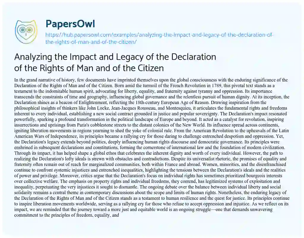 Essay on Analyzing the Impact and Legacy of the Declaration of the Rights of Man and of the Citizen
