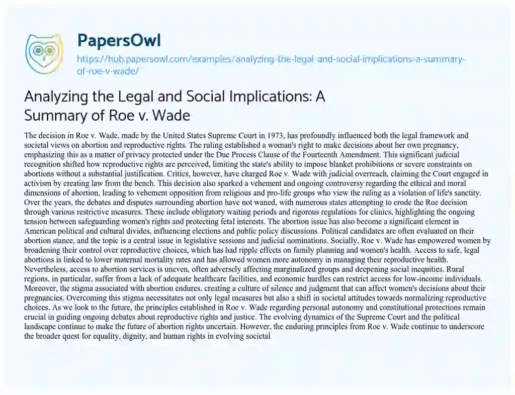Essay on Analyzing the Legal and Social Implications: A Summary of Roe v. Wade