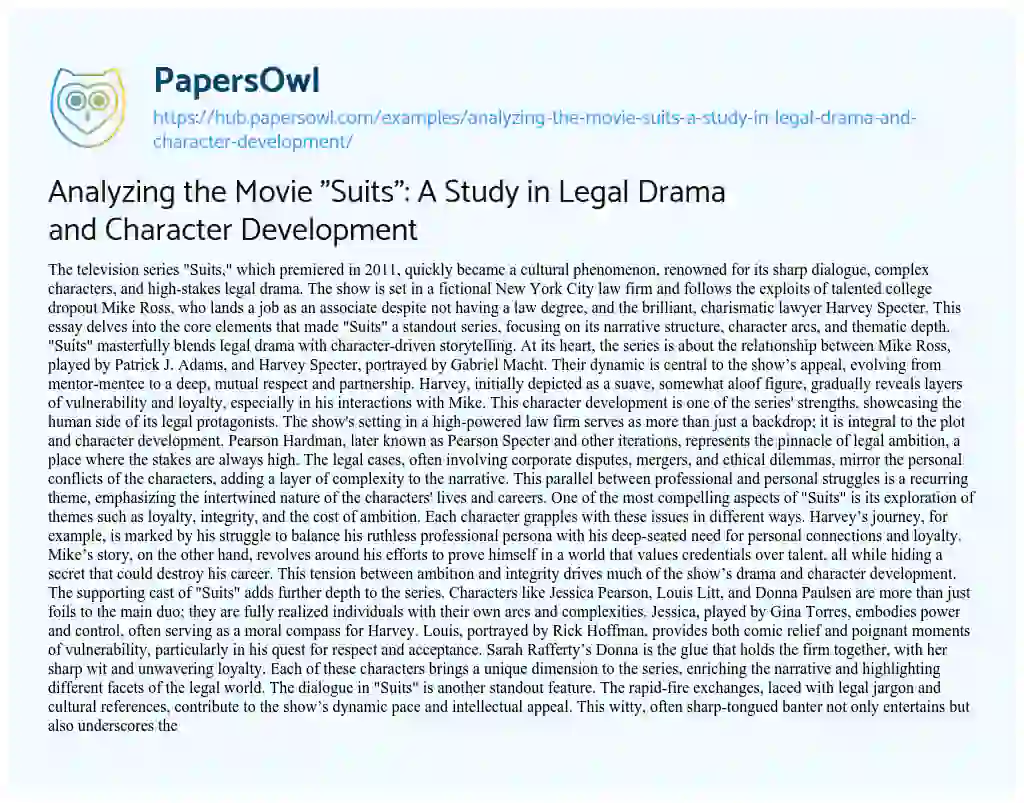 Essay on Analyzing the Movie “Suits”: A Study in Legal Drama and Character Development
