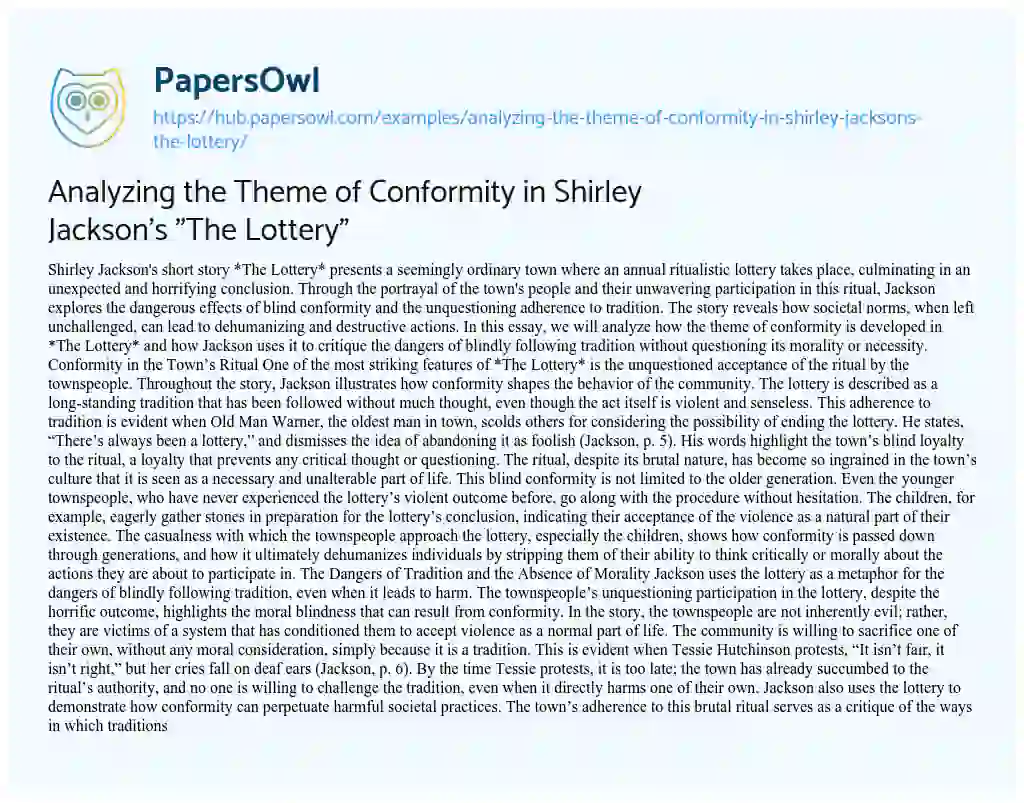 Essay on Analyzing the Theme of Conformity in Shirley Jackson’s “The Lottery”