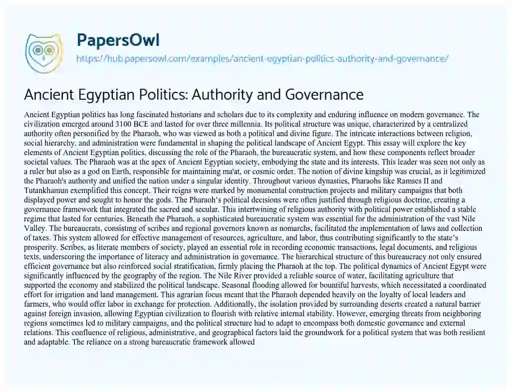 Essay on Ancient Egyptian Politics: Authority and Governance