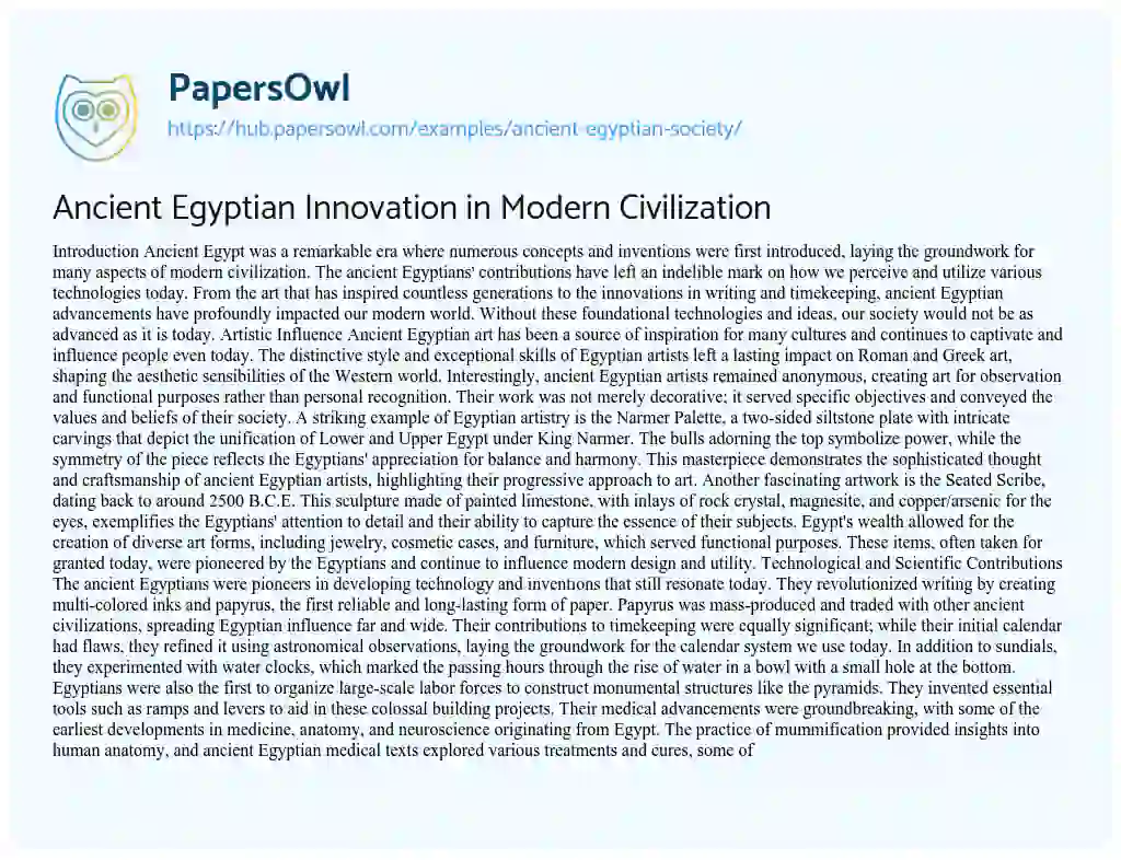 Essay on Ancient Egyptian Innovation in Modern Civilization