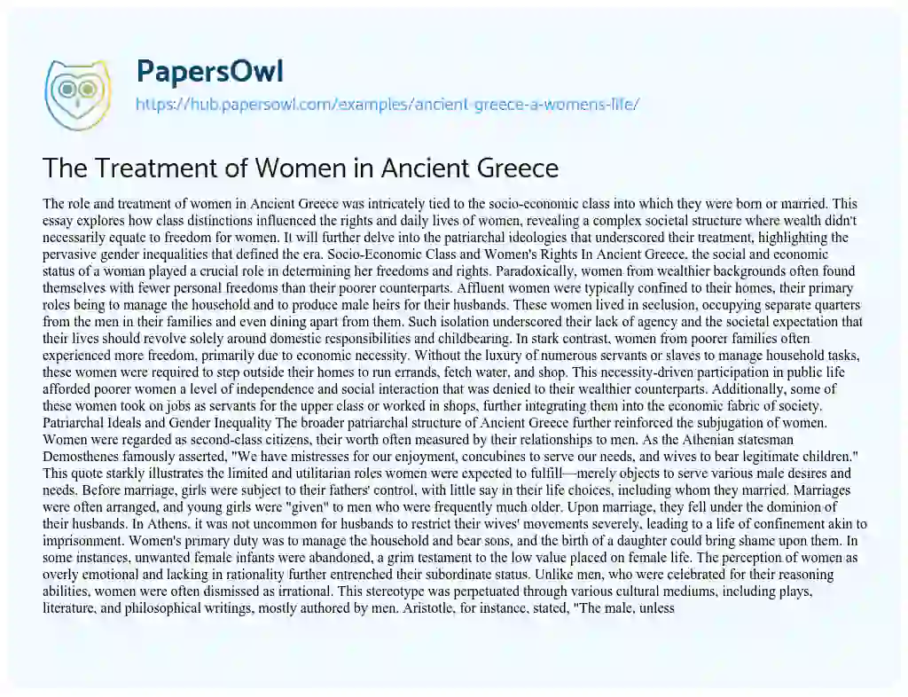 Essay on The Treatment of Women in Ancient Greece