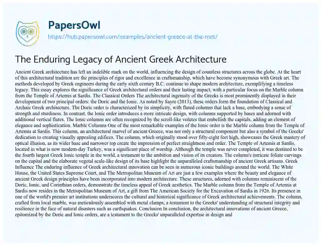 Essay on The Enduring Legacy of Ancient Greek Architecture