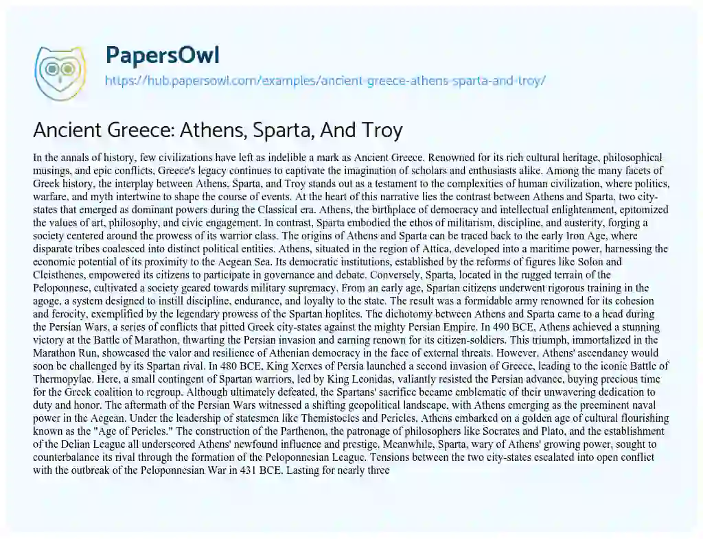 Essay on Ancient Greece: Athens, Sparta, And Troy