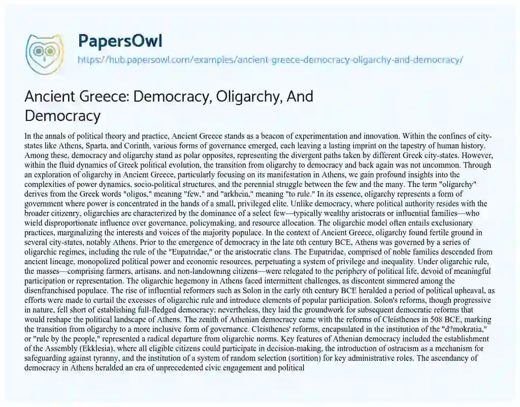 Essay on Ancient Greece: Democracy, Oligarchy, And Democracy
