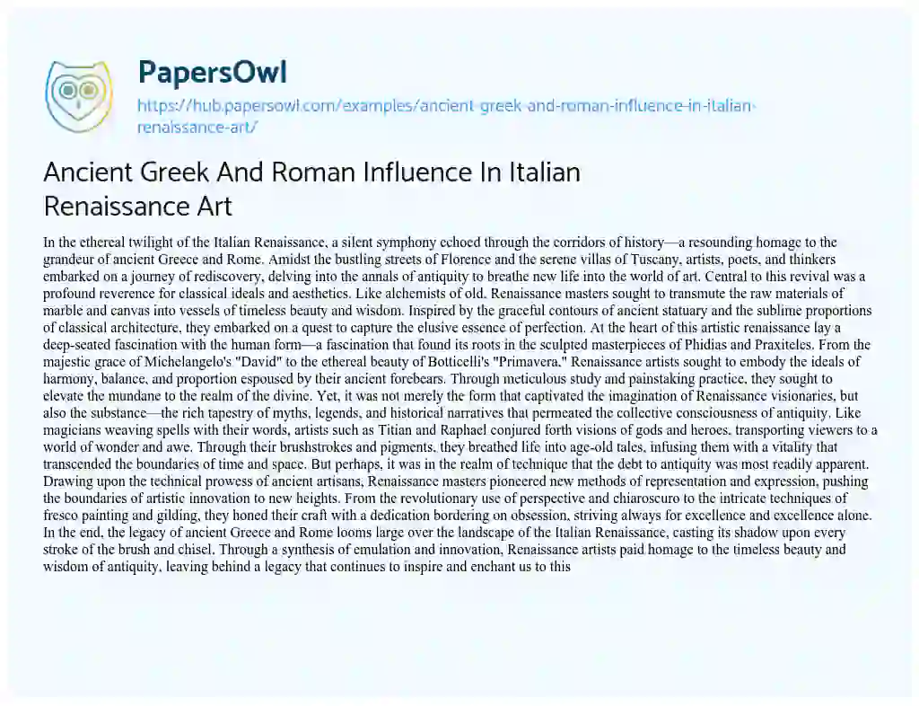 Essay on Ancient Greek And Roman Influence In Italian Renaissance Art