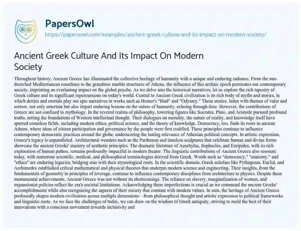 Essay on Ancient Greek Culture And Its Impact On Modern Society