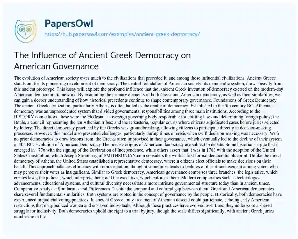 Essay on The Influence of Ancient Greek Democracy on American Governance