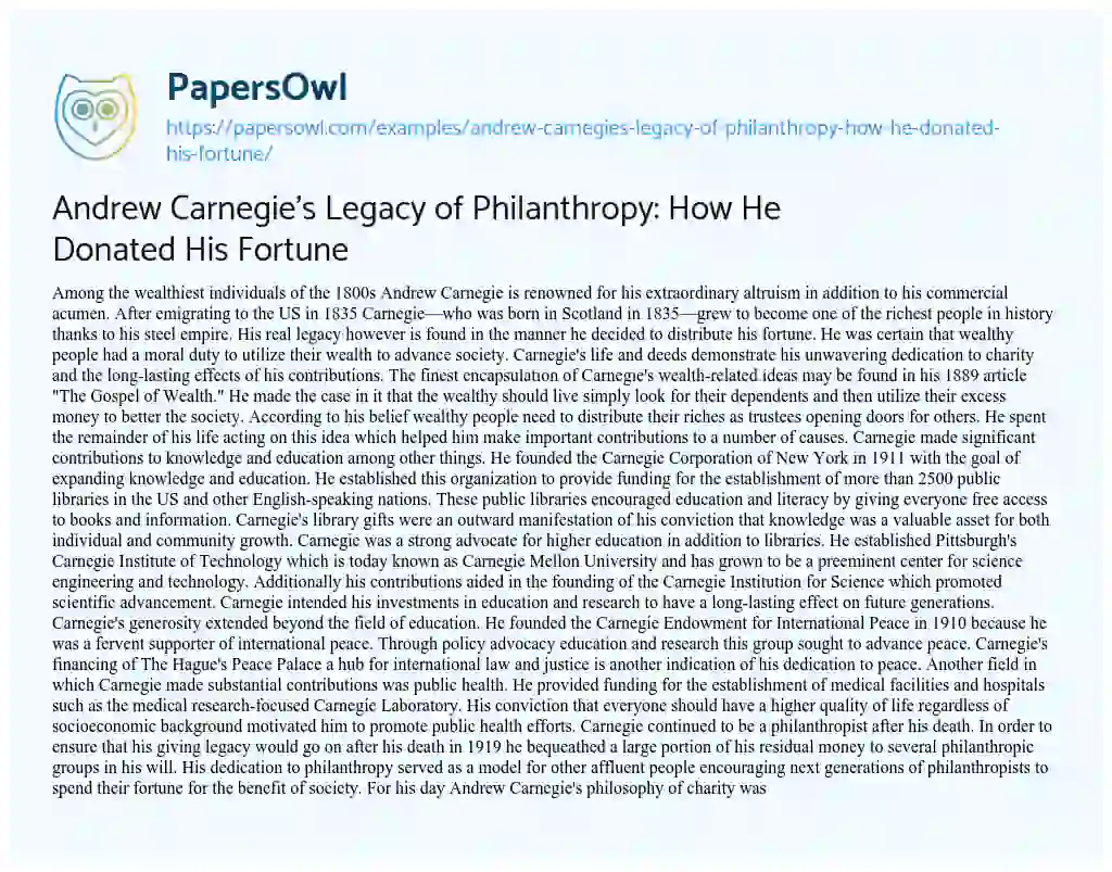 Essay on Andrew Carnegie’s Legacy of Philanthropy: How He Donated His Fortune