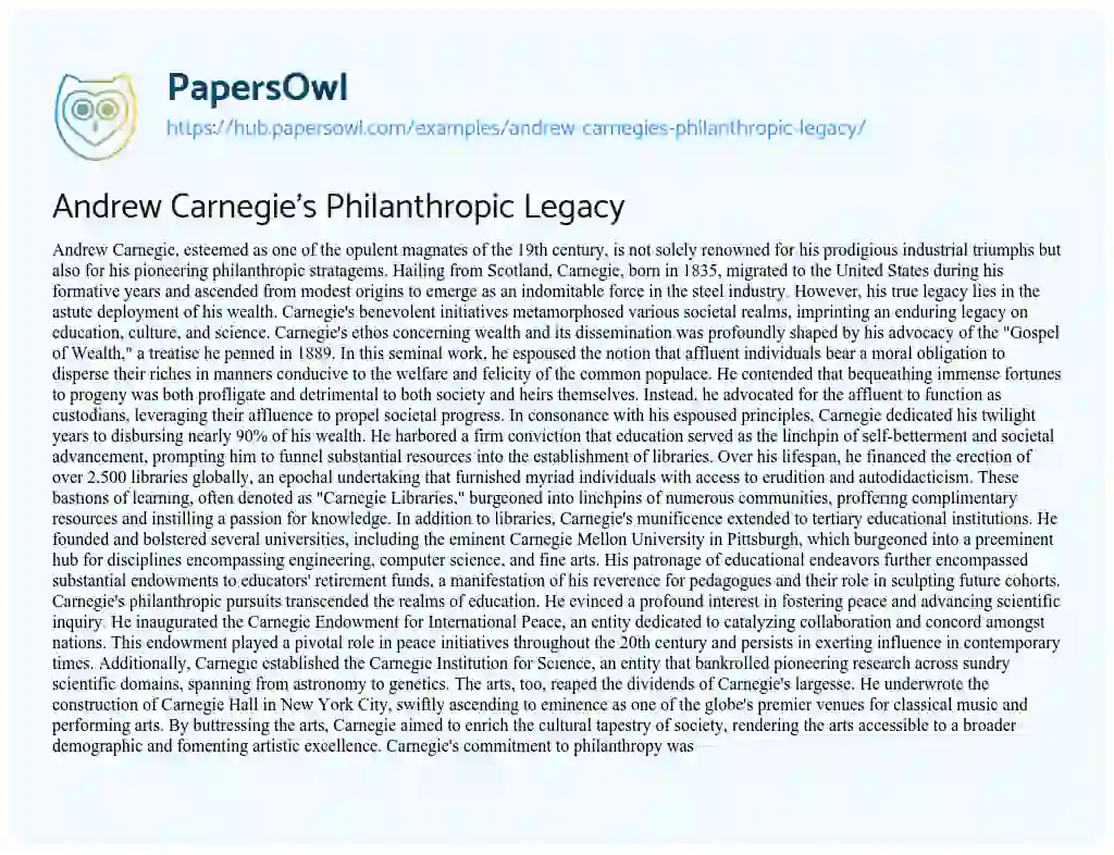 Essay on Andrew Carnegie’s Philanthropic Legacy