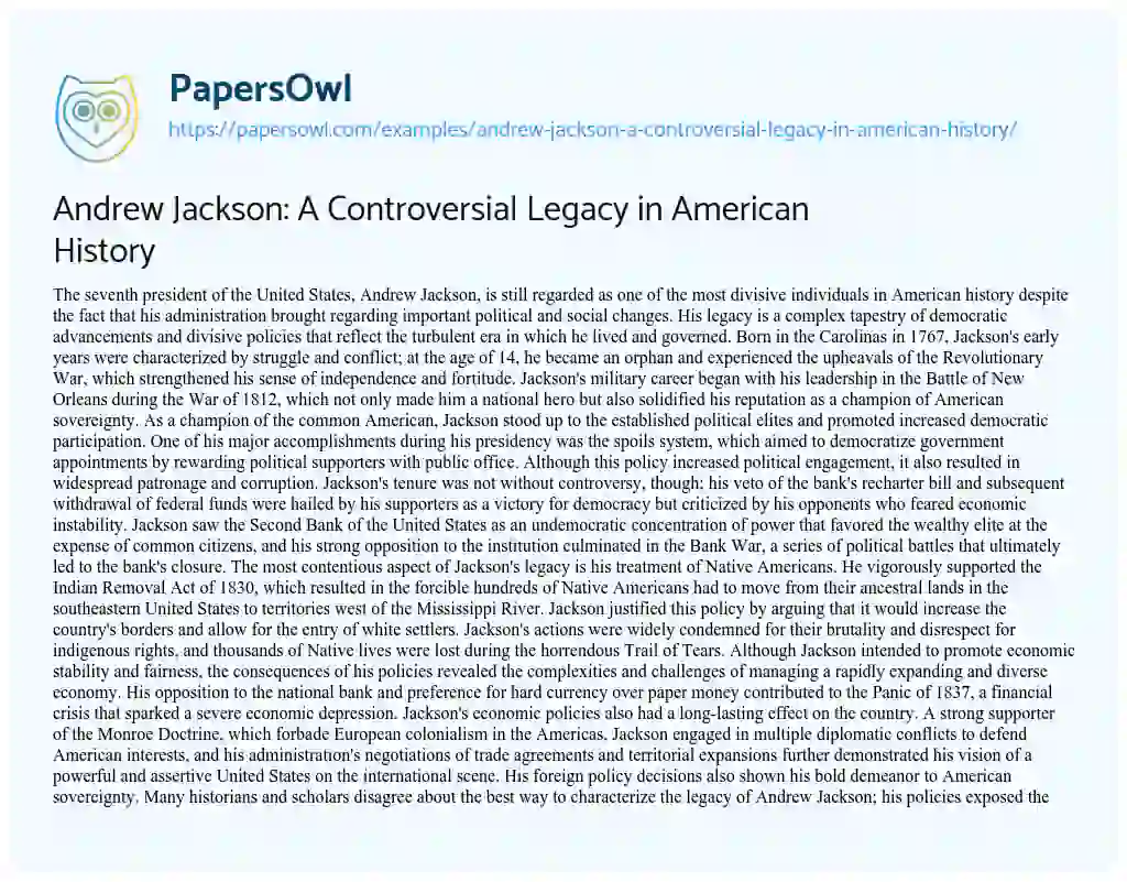 Essay on Andrew Jackson: A Controversial Legacy in American History