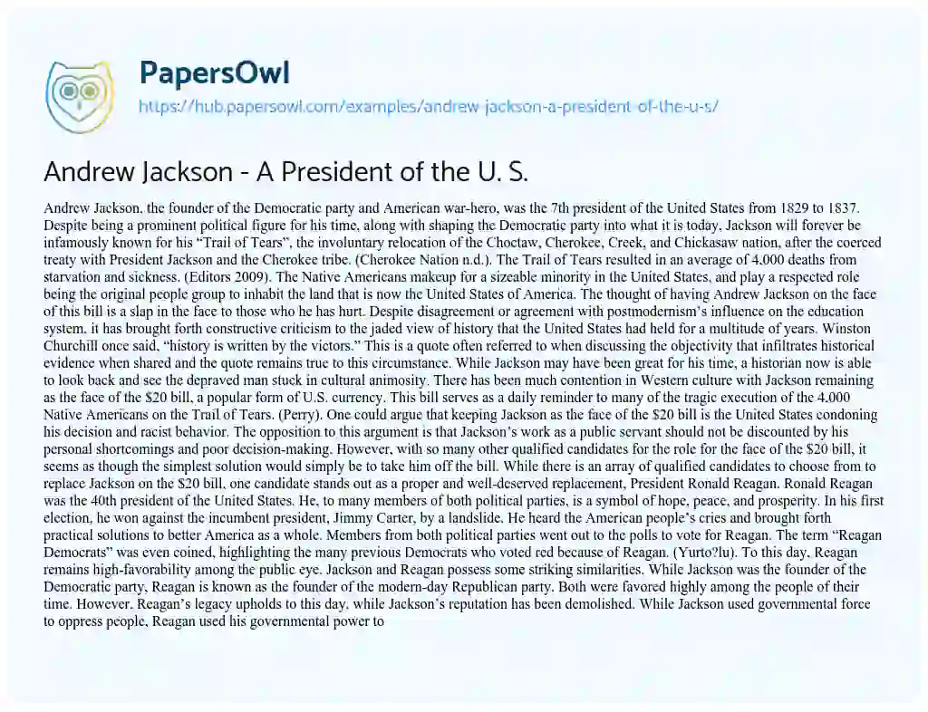 Essay on Andrew Jackson – A President of the U. S.