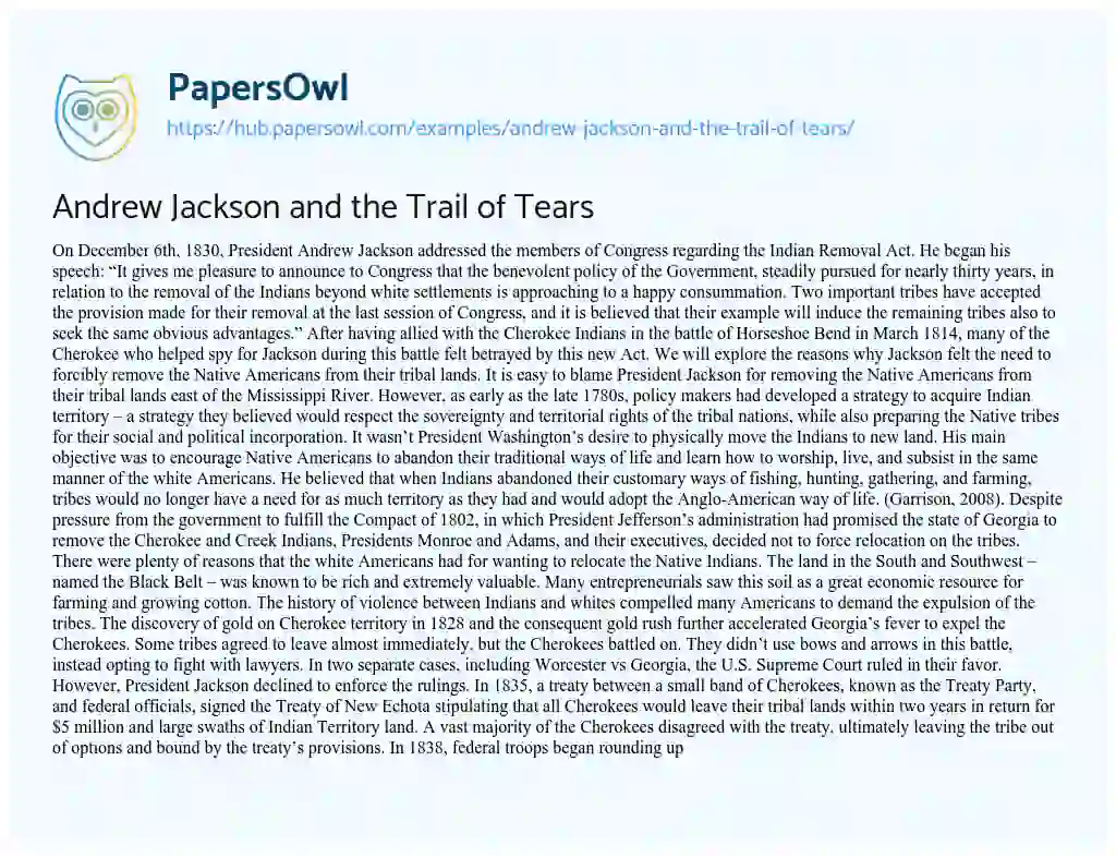 Essay on Andrew Jackson and the Trail of Tears