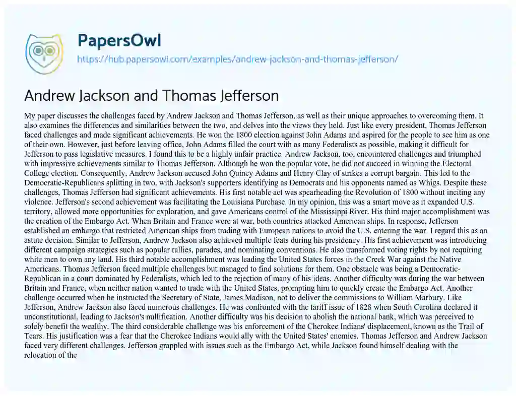 Essay on Andrew Jackson and Thomas Jefferson