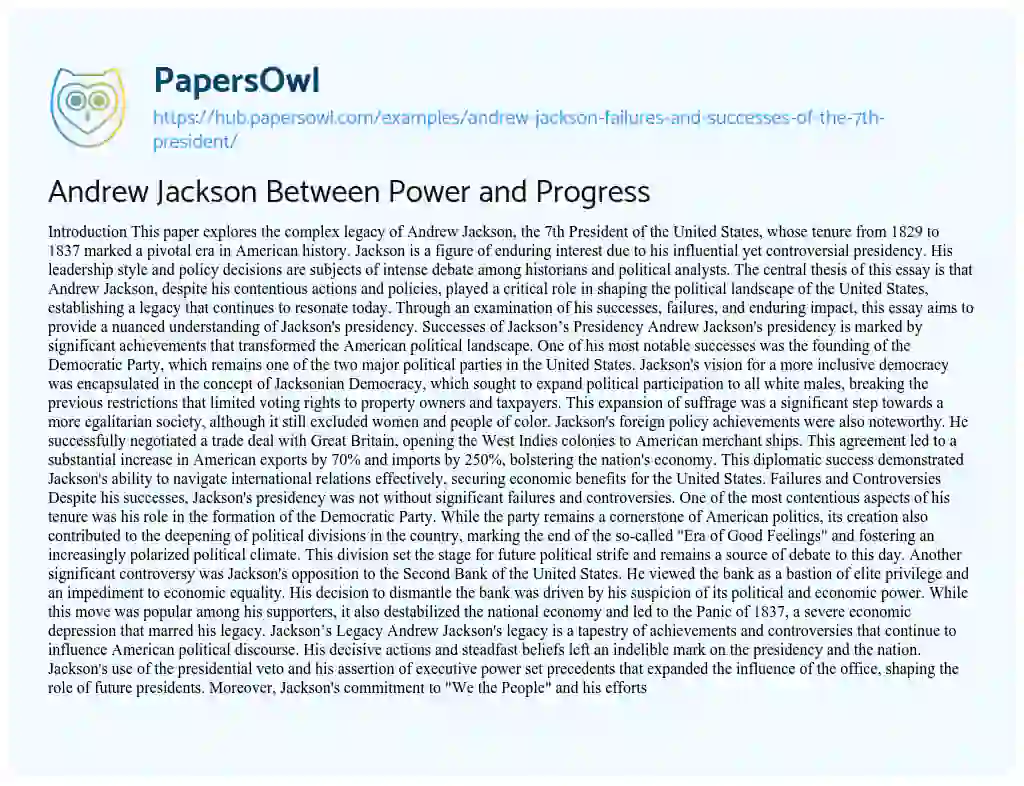 Essay on Andrew Jackson Between Power and Progress