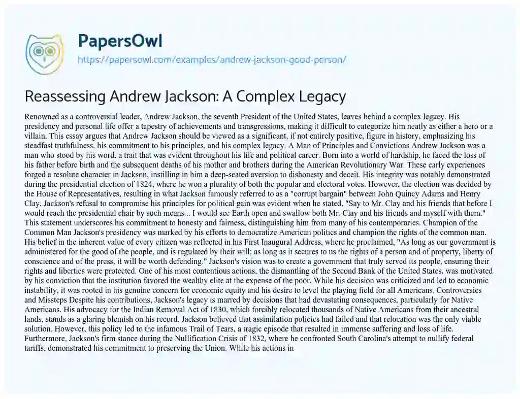 Essay on Reassessing Andrew Jackson: A Complex Legacy