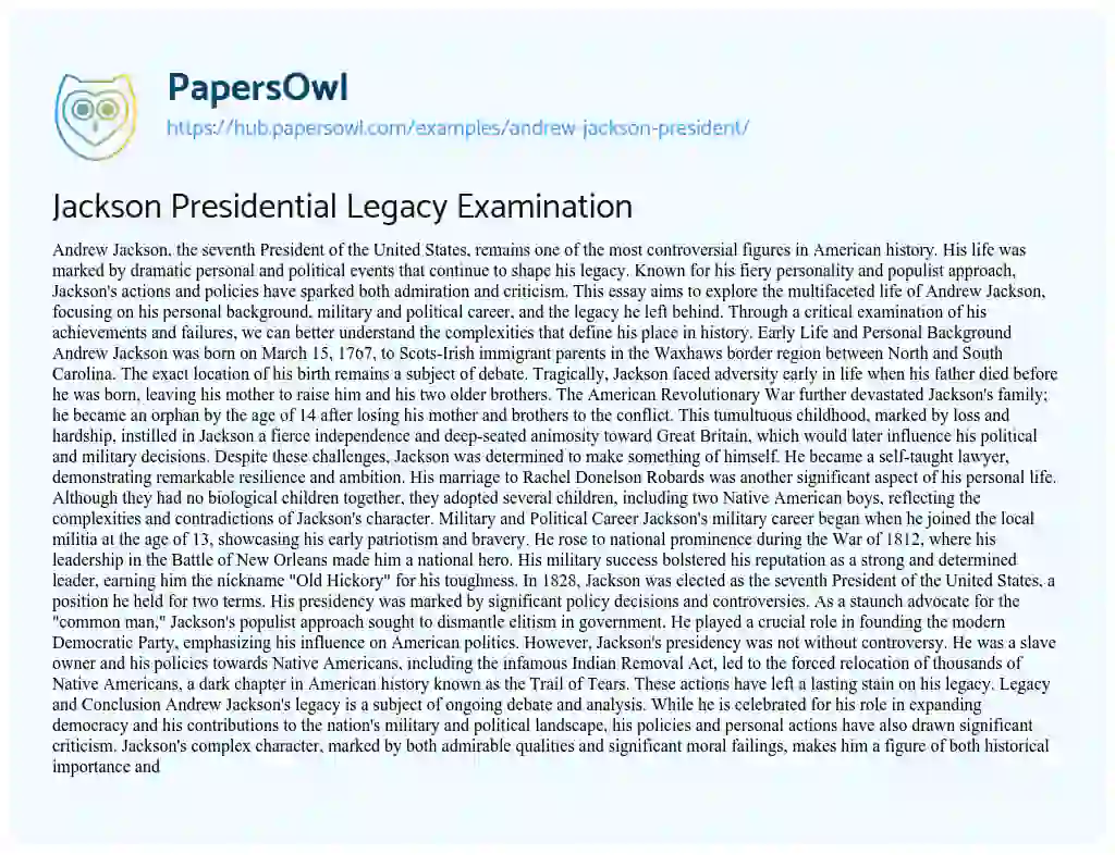 Essay on Jackson Presidential Legacy Examination