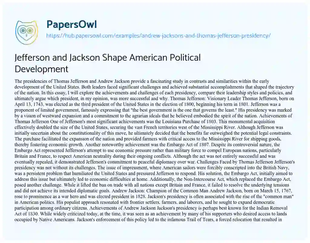 Essay on Jefferson and Jackson Shape American Political Development