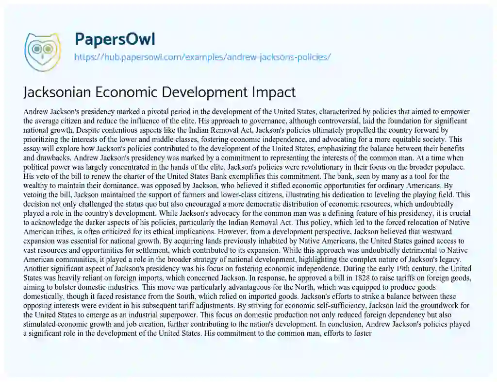 Essay on Jacksonian Economic Development Impact