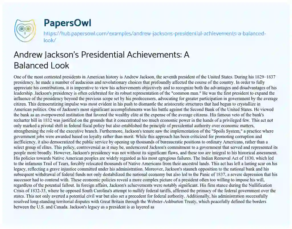 Essay on Andrew Jackson’s Presidential Achievements: A Balanced Look