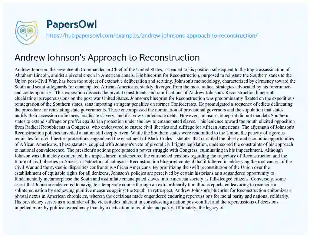 Essay on Andrew Johnson’s Approach to Reconstruction