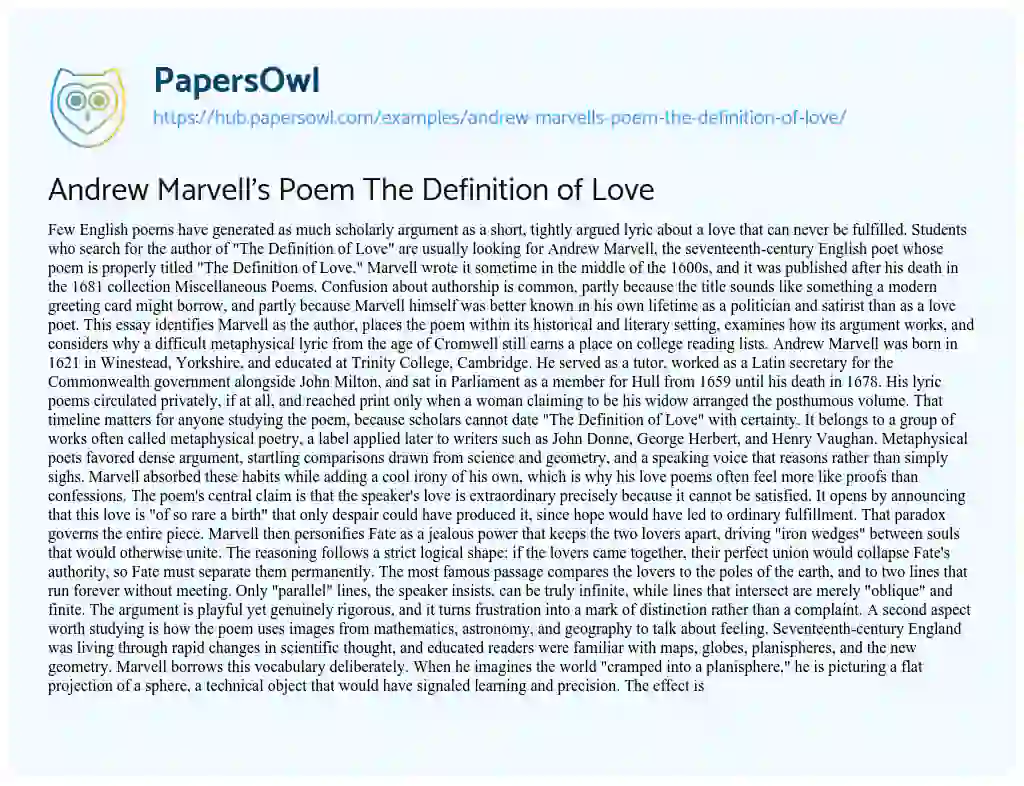 Essay on Andrew Marvell’s Poem The Definition of Love