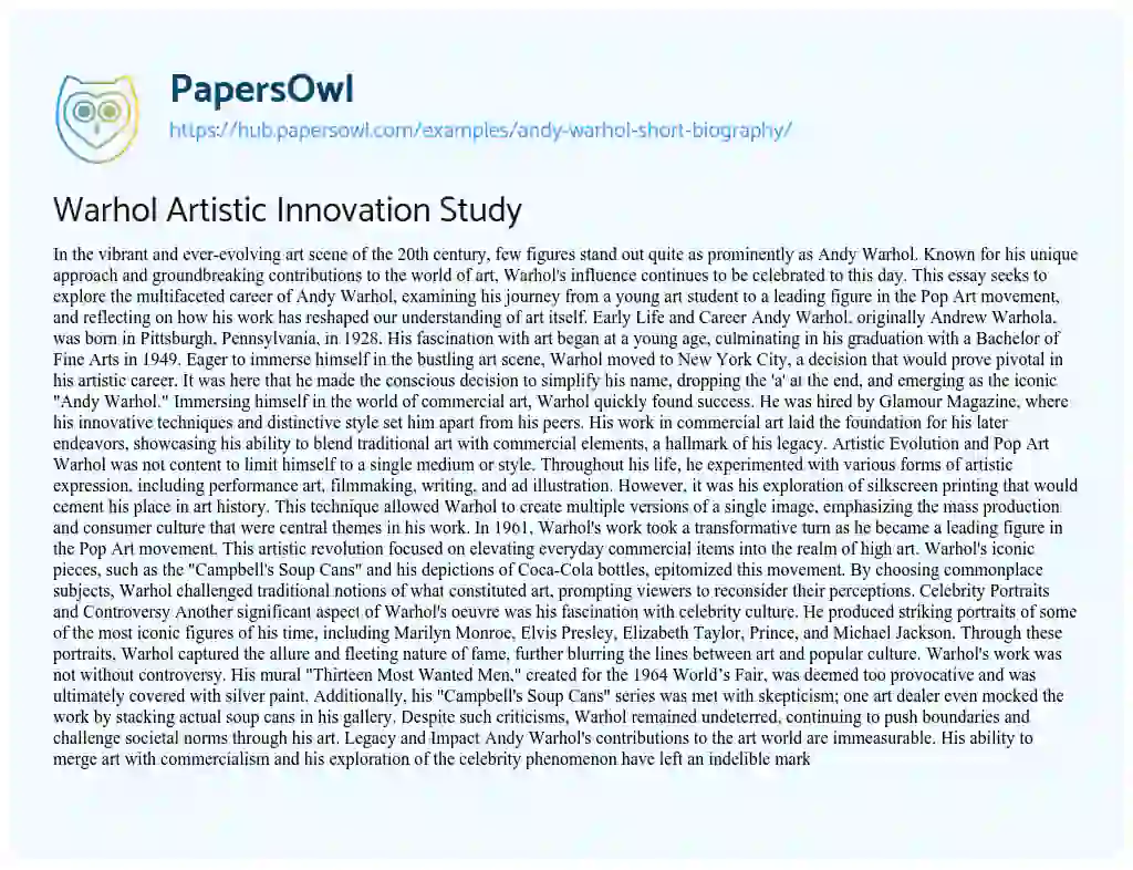 Essay on Warhol Artistic Innovation Study