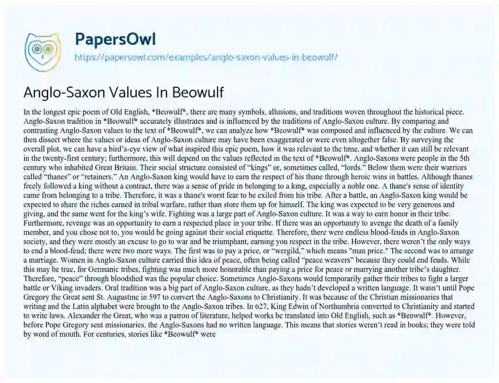 Essay on Anglo-Saxon Values In Beowulf